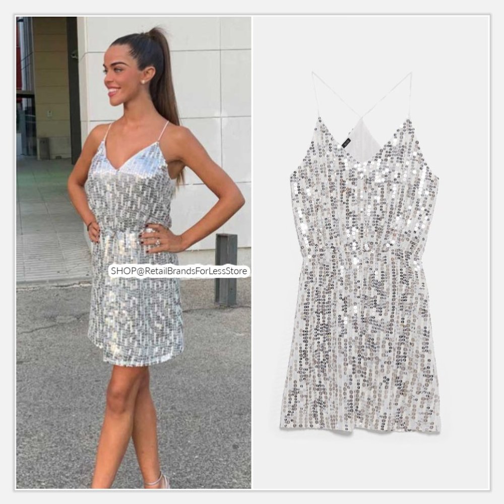 ZARA SILVER SEQUIN EMBELLISHED EMPIRE WAIST V NECK MINI DRESS